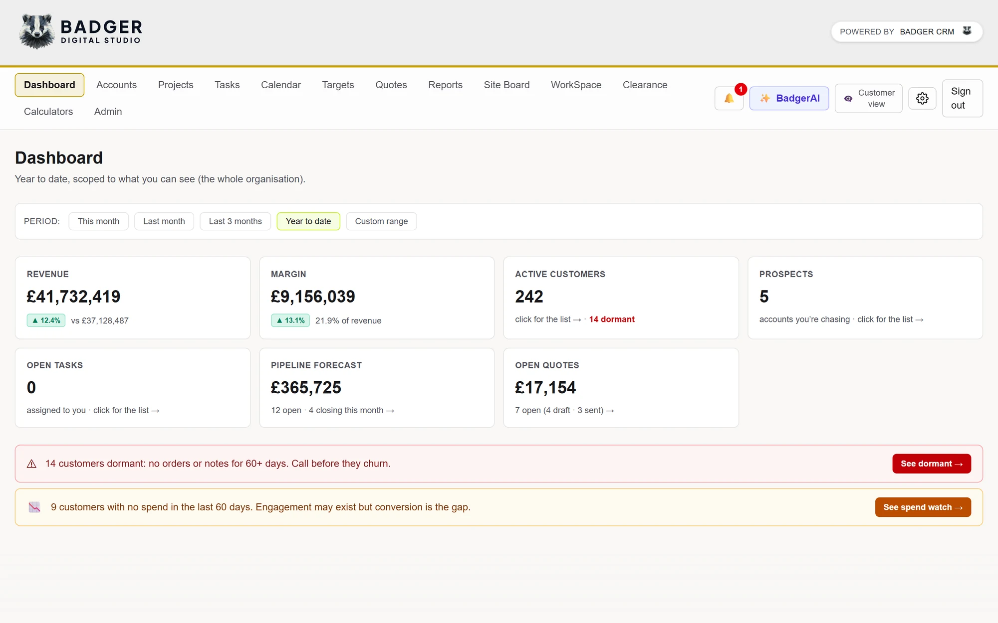 BadgerCRM Dashboard screen